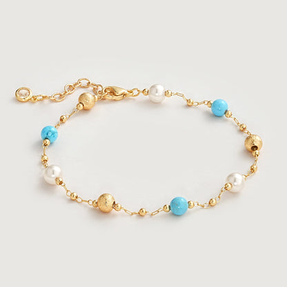 MEVECCO Gold Bracelet for Women 18K Gold Plated Pearl Turquiose Stone Custom Handmade Mixed Beaded Charm Chain Bracelet Stack Jewelry Gifts