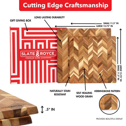 SLATE & ROYCE Herringbone Acacia Wood Cutting Board Set of 2 — Premium Wood Cutting Board & Serving Board, Non-Toxic, Kitchen Prep & Entertaining, Perfect Wedding or Housewarming Gift