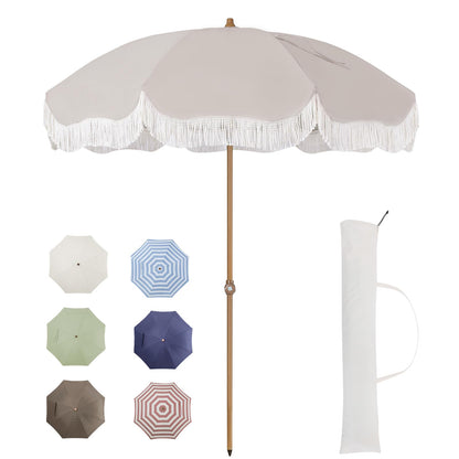 Tempera 7ft Outdoor Patio Umbrella with Carry Bag, Beach Umbrella with Fringe | Vintage Tassel Umbrella with Prime Steel Pole and Ribs Push Button Tilt, Ideal for Garden Lawn Poolside, UPF50+, Beige