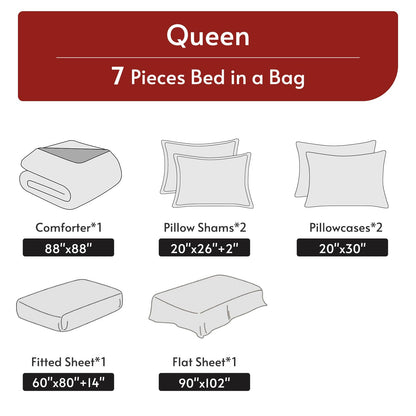 MUXHOMO 7 Pieces Queen Comforter Set, Reversible Bed in a Bag Queen Size, All Season Bedding Set with Comforter, Flat Sheet, Fitted Sheet, Pillowcases & Shams, Red & Black