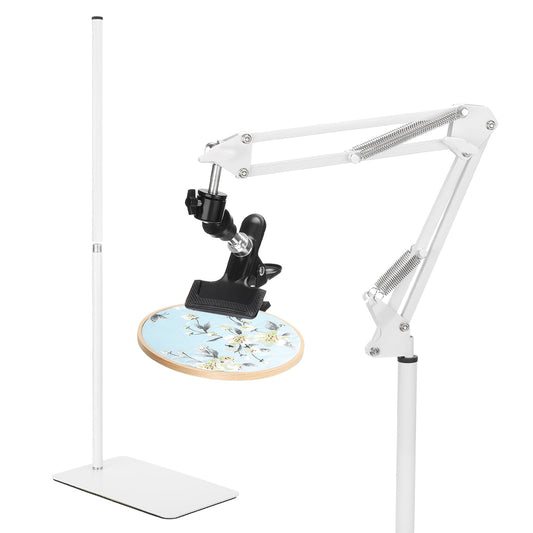 PATIKIL Embroidery Hoop Stand, 360 Degree Adjustable Embroidery Hoop Holder Metal Stand with Phone Holder for Sewing Cross Stitch Embroidery, White