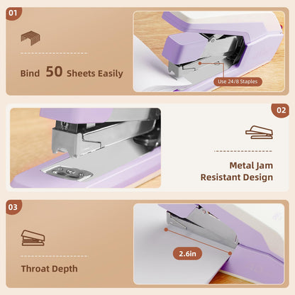 Deli Effortless Desktop Stapler, Heavy Duty Stapler, 40-50 Sheet Capacity, One Finger, No Effort, Includes 1500 Staples & Staple Remover, Violet