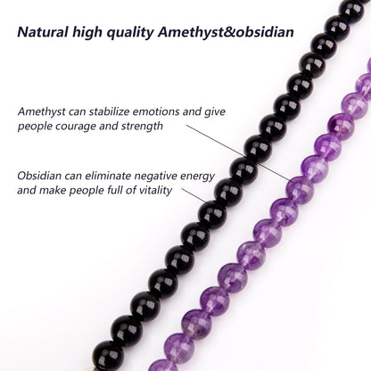 PWMENLK 108 Mala Beads Meditation Necklace 7 Chakra Buddhist Prayer Beaded Bracelet Tree of Life Pendant Necklace Healing Stone Yoga Necklace Women Men Bracelets(Amethyst&Obsidian)