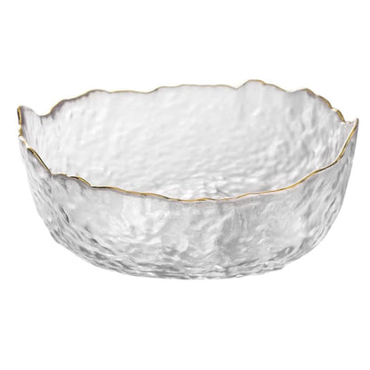 SYXLTSH Glass Salad Bowl Irregular Lotus Flower Shape Serving Bowls, Mixing Nut Bowls for Kitchen Fruist, Snack, Dessert, and Ice Cream Candy Dishes (Crystal Clear with Gold Rim, Medium)