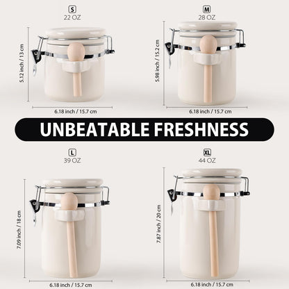 ZEBERBO 4-Piece Airtight Ceramic Canisters Set with Wooden Spoons & Chalk Labels – Perfect for Coffee, Sugar, Flour, Tea (Cream) – Stylish & Leakproof Kitchen Storage