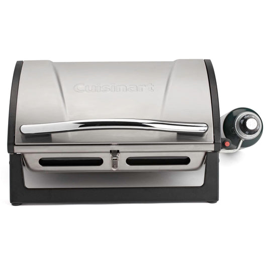 Cuisinart Grillster Portable Gas Grill, Stainless Steel Compact BBQ Grill with Locking Lid for Easy Transport, 8000 BTU Propane Grill with Dishwasher Safe Cooking Grate, Small Grill for Camping & BBQ