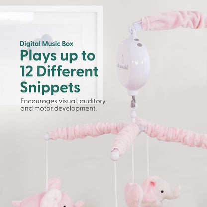 The Peanutshell Crib Mobile for Girls - Soft Pink Musical Baby Crib Mobile with 12 Lullabies, Cute Elephant Baby Pink Elephant Nursery Decor