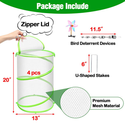 4 Pcs Insect Bird Barrier Netting Mesh with Bird Reflective Devices, Outdoor Garden Protection Cover, Plant Covers, Garden Netting Plant Cover, Protect Plant Fruits Flower from Insect Bird Eating