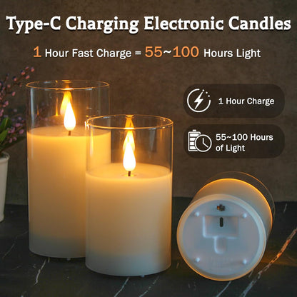 LEDHOLYT Rechargeable Flameless Glass Pillar Candles–Mothers Day Gifts,–Set of 3, Realistic Flickering LED Light,Remote & Timer, Ideal for Living Room, Bedroom & Birthday Gifts for Mom