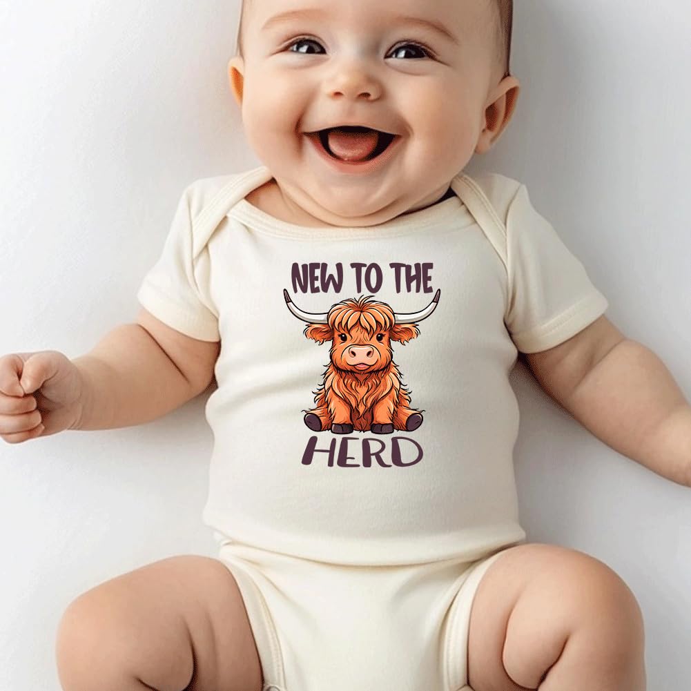 hrcfbk Western Baby Boy Girl Clothes Summer Newborn New to the Herd Cowgirl Short Sleeve Romper Infant Highland Cow Bodysuit (Beige New to the Herd,0-3 Months)