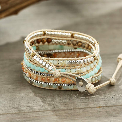 Plumiss Women Boho 5 Wraps Handmade Beaded Statement Stainless Steel Box Chain Bracelet Jewelry