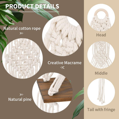 Trenqular 2 Pack Macrame Wall Hanging Shelf,Boho Wooden Display Floating Shelves with Handmade Woven Rope,Rustic Wood Floating Storage Shelf,for Living Room Hanging Plants Photos