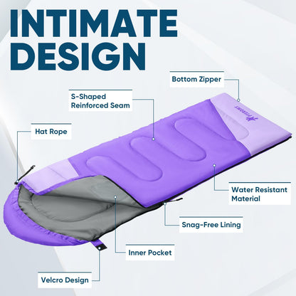 PTEROMY Sleeping Bags for Adults, Lightweight and Machine Washable, Water Resistant Backpacking Camping Sleeping Bag for Warm Cold Weather, Camping Essentials for Hiking Travel (Purple, 1.35kg)