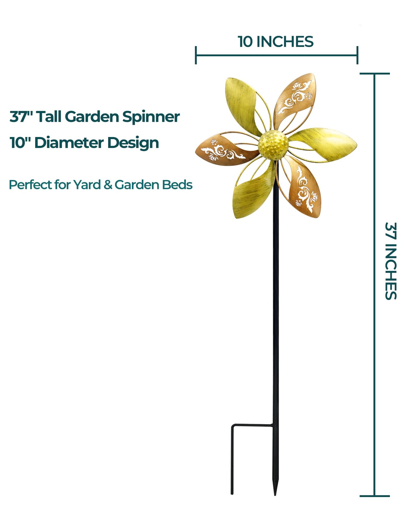 Gronhof 37" Metal Wind Spinner for Yard & Garden, 10" Kinetic Outdoor Garden Spinner, Rust-Resistant Decorative Yard Art (Gold Ornate Laser-Cut Floral)