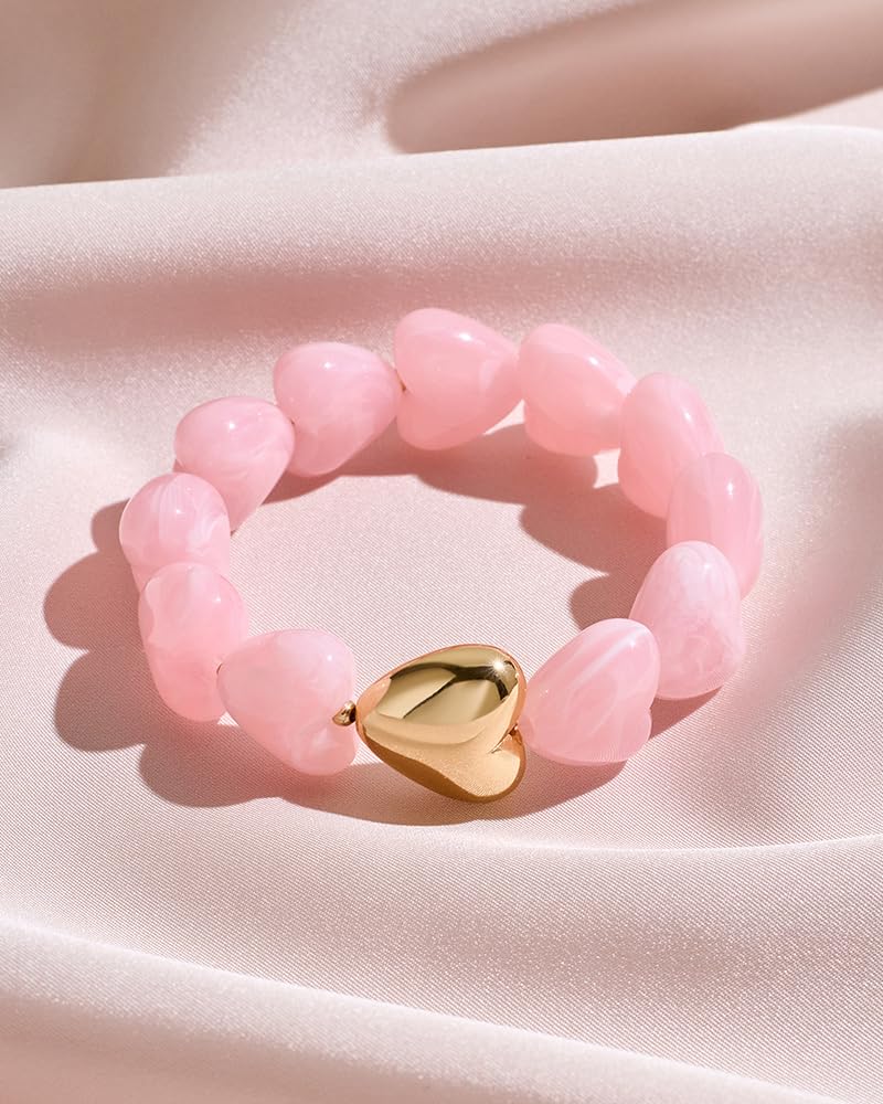 FAUTHENTICUTE Swirled Pink Heart Bracelet for Women Chunky Acrylic Resin Heart-shaped Bead Bracelet Trendy Boho Statement Summer Beach Jewelry Gift For Her