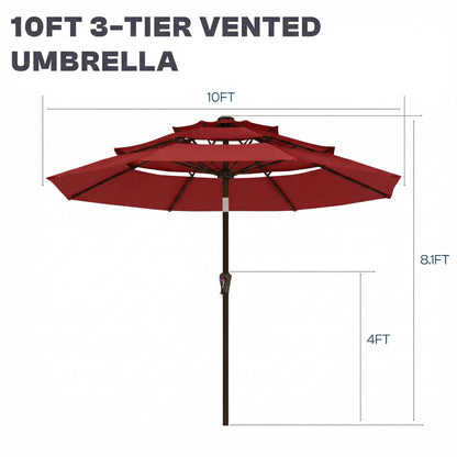 Tobeos 10ft 3 Tier Patio Umbrella, Outdoor Market Table Umbrella with UPF 50+ Vented Canopy, 8 Sturdy Ribs, Easy Push Button Tilt and Crank, Windproof for Deck, Pool, Backyard and Garden, Red