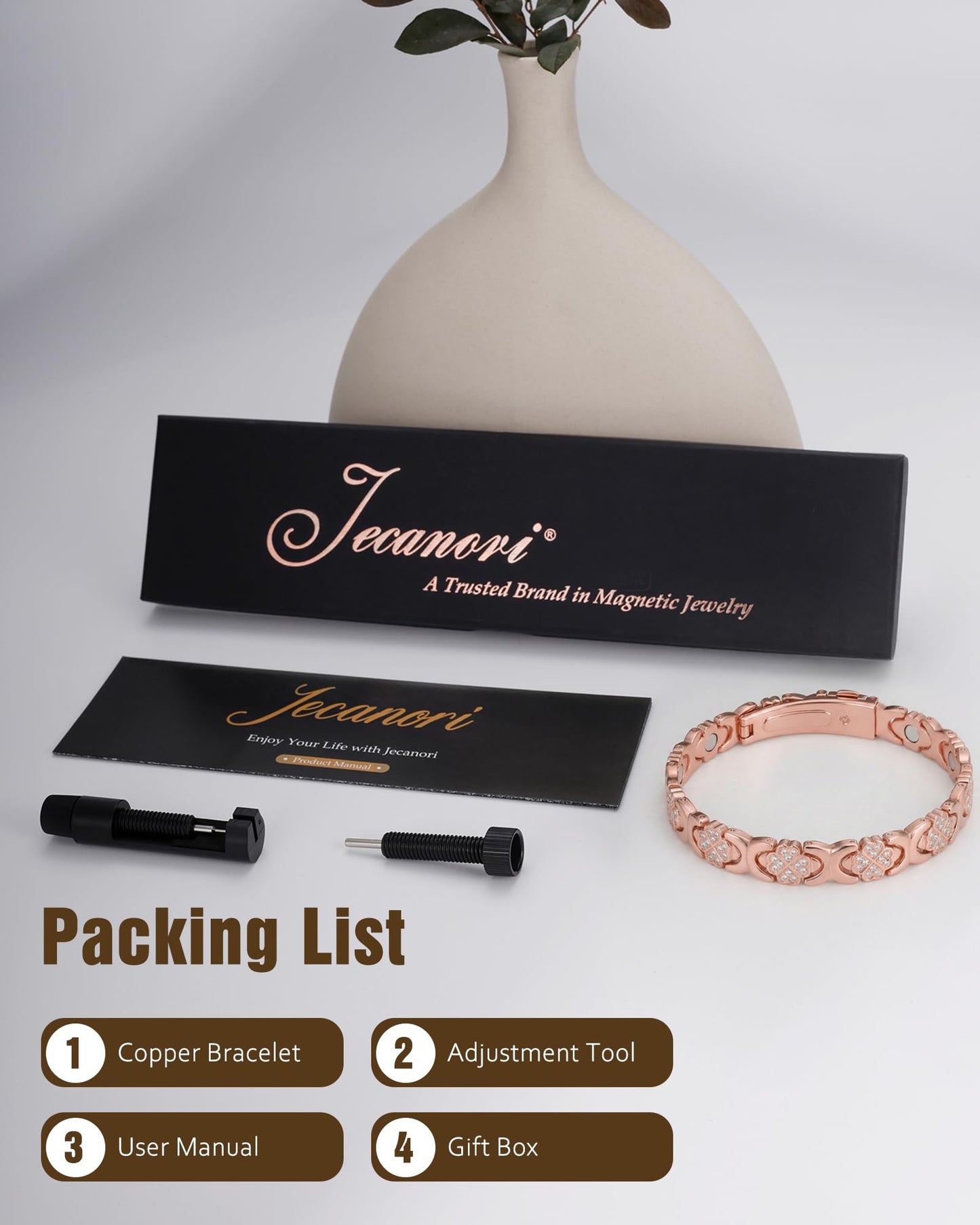 Jecanori Magnetic Copper Bracelet for Women With 3500 Gauss Magnets, Heart-Leaf Copper Bracelet, Premium Fold-Over Clasp,Rose Gold
