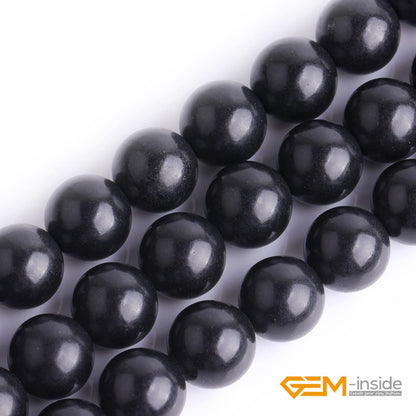 GEM-Inside 8mm Natural Black Russian Shungite Polished Round Stone Chakra Beads for Jewelry Making Full 15" Strand Power Energy Healing Stone