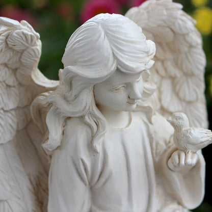 JARPSIRY Angel Garden Statue, Sitting Angel Sculpture, Resin Angel with Bird Figurine for Patio Yard Porch Lawn Outdoor Decor Home Shelf Sitter Memorial Spiritual Gifts