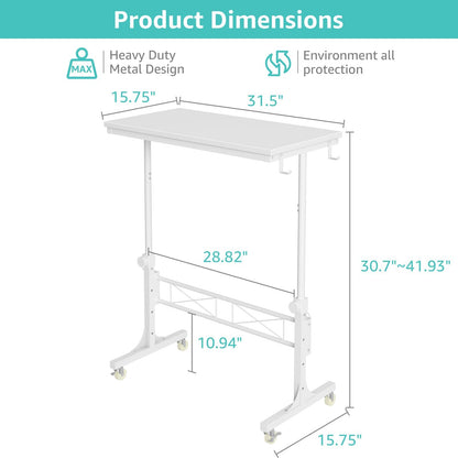 WINAZ Small Portable Treadmill Walking Pad Desk on Wheels, 32 Inch White Adjustable Height Mobile Rolling Standing Teacher Desks, Couch Sofa Side Laptop Stand Up Table for Bedroom, White