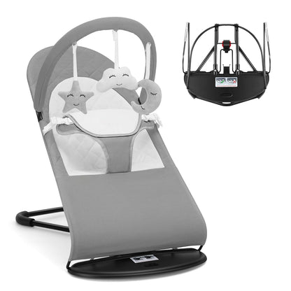 Portable Baby Bouncer Seat for Babies 0-18 Months, 100% Cotton Fabrics, Adjustable Multi Position Baby Bouncer Seat, Infant Rocker Chair with Hanging Toys-Light Grey