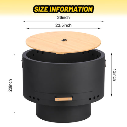 Garvee 26 in Smokeless Fire Pits, Wood Burning Firepits with Fire Poker, Outdoor Portable Fire Pits with Removable Ash Pan and Hardwood Top, Backyard Fireplace for Camping, Picnic and