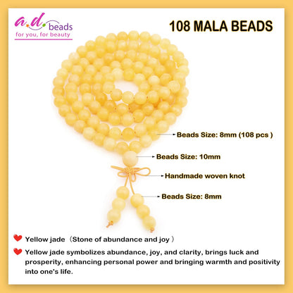 AD Beads 8mm 108 Prayer Mala Yellow jade Elastic Bracelet - Abundance and Joy - Handmade Yoga Meditation Healing Power Energy Gifts for Unisex Adult.