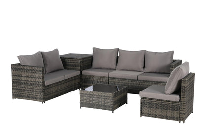 KEIKI 6Pcs Outdoor Patio Sectional Couch Sofa Conversation Furniture Sets with Chair, Storage Corner Cabinet, Glass Top Coffee Table & Cushion, Wicker Woven Seating for Backyard Lawn