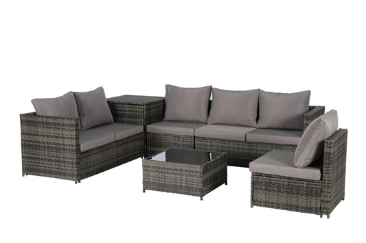 KEIKI 6Pcs Outdoor Patio Sectional Couch Sofa Conversation Furniture Sets with Chair, Storage Corner Cabinet, Glass Top Coffee Table & Cushion, Wicker Woven Seating for Backyard Lawn