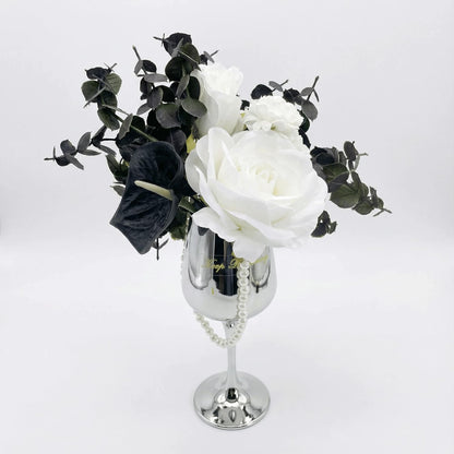 Silver Grace Crystal Flower Vase with Faux White Roses and Black Calla Lilies Elegant Artificial Flower Arrangement Decorative Glass Flowers for Home and Table Decor