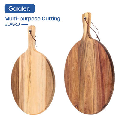 Garaten Round Acacia Wood Cutting Board with Handle - 12 Inch Wooden Charcuterie Board and Serving Platter - 0.7" Thick Acacia Wood Chopping Board for Kitchen with Leather Strap