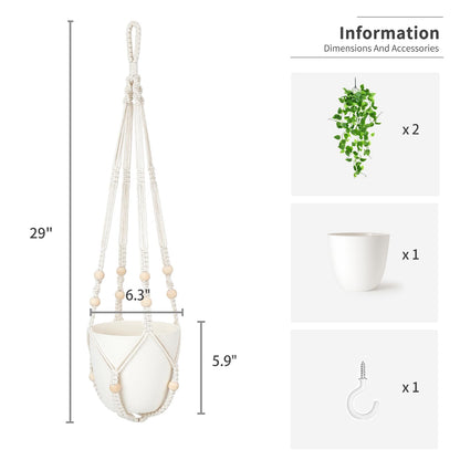 Mkono Fake Hanging Plant with Pot, Artificial Plants for Home Decor Indoor Macrame Plant Hanger with Fake Vines Greenery for Bedroom Bathroom Kitchen Office Decor, Ivory (Pothos)