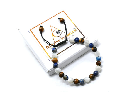 Amazing Gemstone Gemini Bracelet Women - Crystal Bracelet of Lapis Lazuli, White Moonstone and Tiger Eye Birthstone - Bracelets for Women Men Healing Calming Anxiety Stress Relief Gifts (Adjustable)