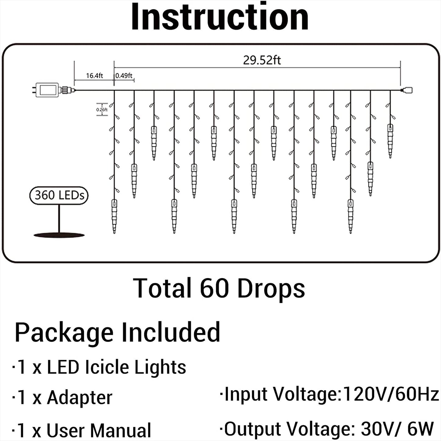 Icicle Christmas Lights, 29.5ft 360 LED Connectable Icicle String Lights with 60 Drops, Window Curtain Fairy Light with 8 Modes, Christmas Fairy Twinkle Light for Garden Eaves Xmas Decorations (White)