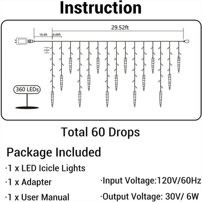 Icicle Christmas Lights, 29.5ft 360 LED Connectable Icicle String Lights with 60 Drops, Window Curtain Fairy Light with 8 Modes, Christmas Fairy Twinkle Light for Garden Eaves Xmas Decorations (White)