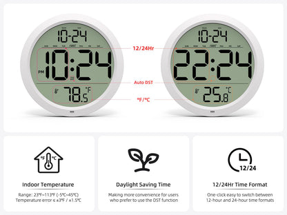 Digital Wall Clock with Date, Indoor Temperature, Auto-DST, Battery-Operated Digital Clock, 8 Inch Small Decorative Wall Clock for Bedroom, Living Room, Home, Kitchen, Office, Modern, Electric, Simple