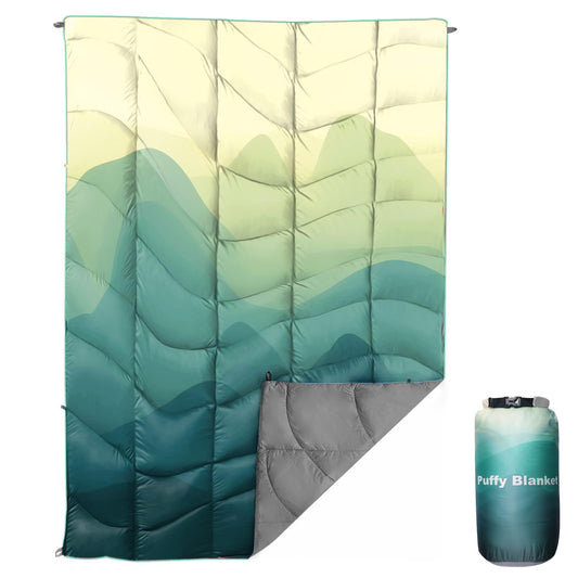 GLORSIGN Outdoor Puffy Camping Blanket, Lightweight Down Alternative Printed Large Ultra Warm Quilt Waterproof for Traveling Picnic Beach Party Cold Weather (Green Mountain)