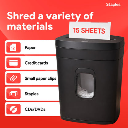 Staples 15-Sheet Cross Cut Paper Shredder for Home Office, P-4 Security, 20-Min Run Time, Shreds Paper/Credit Cards/CDs/DVDs, Quiet 65 dB, Auto Start/Stop, 5 Gallon, Black