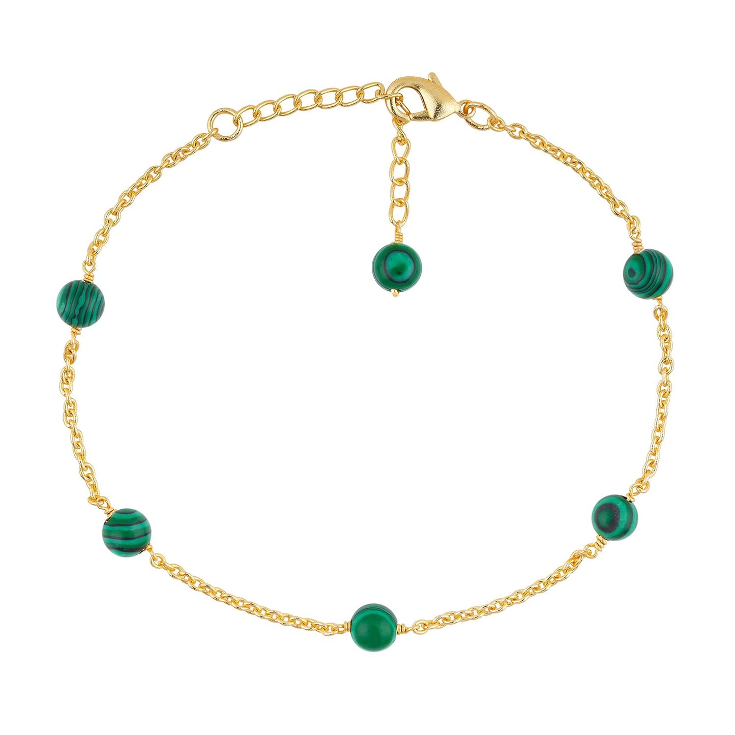 Jewel of Rocks Malachite Beaded Anklet Bracelet, Handmade Craft, Beads, Chakra Healing, Gemstone Women Jewelry, Hypoallergenic Gold Plated Brass 9 inch + 1.5 inch (1pcs)