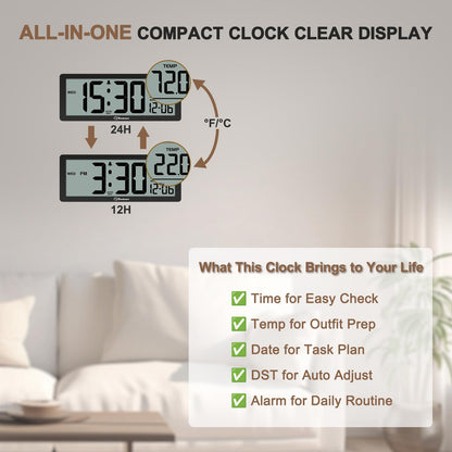Soobest 8.5 Inch Digital Wall Clock Battery Operated with Backlight, Temperature, Date, Day & Auto DST, Black Slim Design for Elderly, Bedroom, Living Room, Office