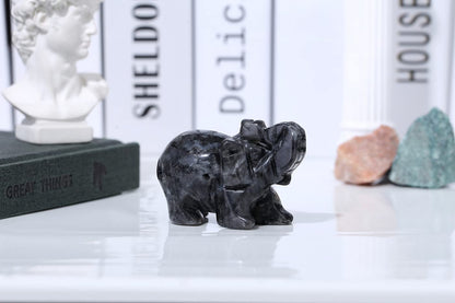 2" Black Labradorite Elephant Decor Cute Polished Natural Stone Hand Carved Pink Healing Crystal Sculpture Statue Figurines Gemstone Hippie Home Room Office Desk Decoration Gifts for Women Men