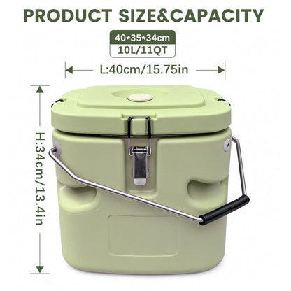 2.5 Gallon Insulated Soup Container Commercial Food Warmer for Hot or Cold Food, 11QT Hot Box for Catering, Food Cooler with 4 Buckles Handles for Restaurant, Canteen,Home (Green)