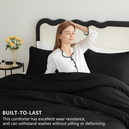 CozyLux Queen Comforter Set Black, 3 Pieces Solid Comforters Queen Size Breathable Quilted Bedding Sets, Luxury Soft Microfiber Down Alternative Comforter for All Season (1 Comforter & 2 Pillowcases)