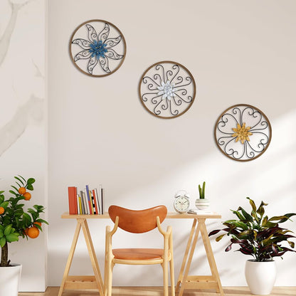 hogardeck Metal Flower Wall Decor - 3 pcs 11" Metal Wood Floral Wall Decoration with 6 Piece Interchangeable Flowers, Hanging Rustic Wall Art for Bedroom, Living Room, Bathroom, Kitchen