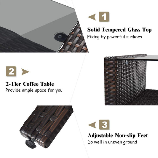 Tangkula 4 Piece Patio Furniture Set, Outdoor Wicker Conversation Set with Glass Top Coffee Table, All Weather Proof and Thick Cushions, Suitable for Porch, Garden, Poolside and Lawn (Brown)