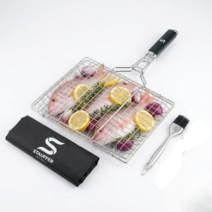 BBQ Grill Basket for Outdoor Cooking, Stainless Steel Fish Basket with Detachable Heat Resistant Handle, Lockable Design for Vegetables Shrimp Meat, Camping Cooking Rack, Grilling Accessories