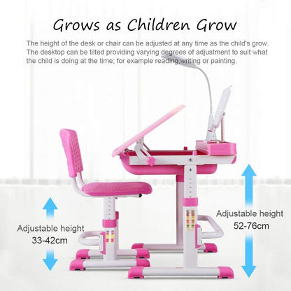 LVYUAN Kids Functional Desk and Chair Set, Ergonomic Height Adjustable Children School Study Desk with Tilt Desktop, Book Stand, LED Light, Metal Hook and Storage Drawer for Boys Girls(Pink)
