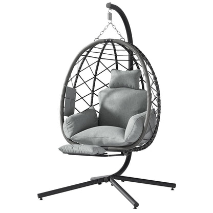 Suteck Hanging Egg Chair with Adjustable Footrest & Stand, Indoor Outdoor Wicker Egg Swing Chair with Cushion, 330lbs Capacity for Patio, Bedroom, Garden - Grey