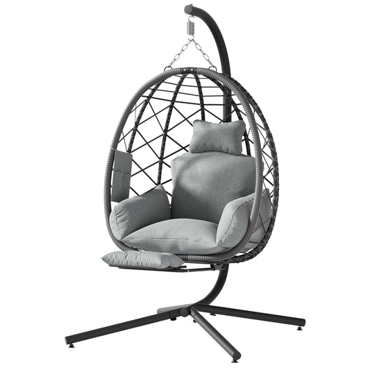 Suteck Hanging Egg Chair with Adjustable Footrest & Stand, Indoor Outdoor Wicker Egg Swing Chair with Cushion, 330lbs Capacity for Patio, Bedroom, Garden - Grey