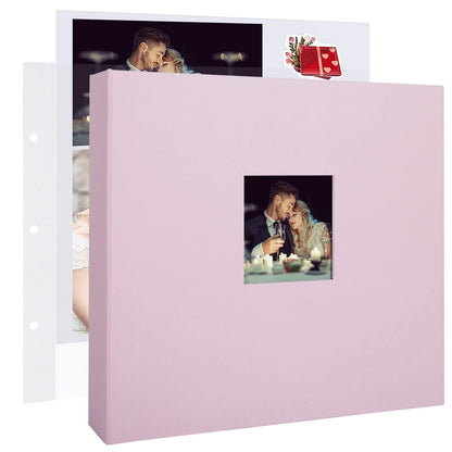1DOT2 12x12 Inch Large 3 Ring DIY Scrapbook Photo Album Journal with 30 Plastic Sleeves 60 Pages and Fabric Cover for Baby Travel Wedding Couple Anniversary kids Adventure (Pink Cover/White Pages)